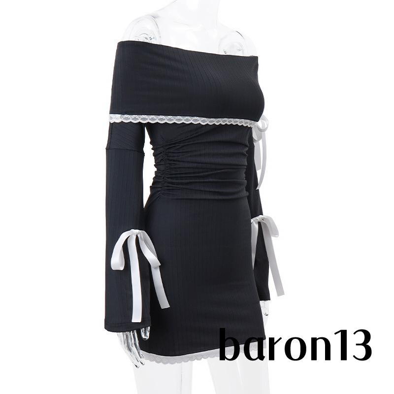 Xo8k-đầm Body Tay Dài Hở Vai Phối Dây Cột Thời Trang Cho Nữ