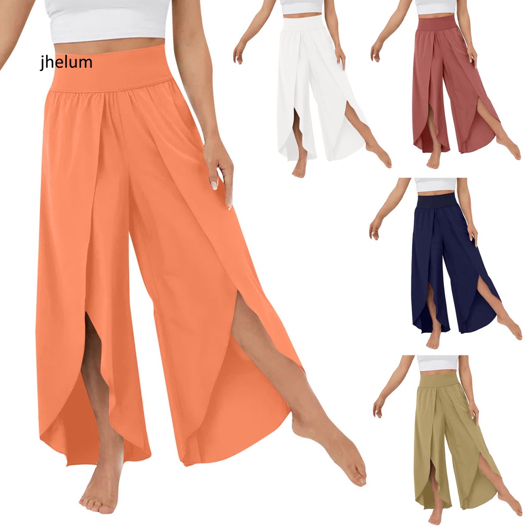 Jl * Quần culottes Lưng Cao Ống Rộng Xẻ Tà Màu Trơn Dành Cho Nữ Tập yoga