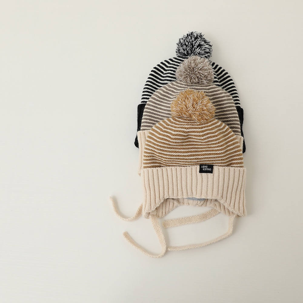 Mũ Len Dệt Kim Giữ Ấm Tai Họa Tiết Kẻ Sọc Đính Quả Bông Dễ Thương Thời Trang Thu Đông Cho Bé