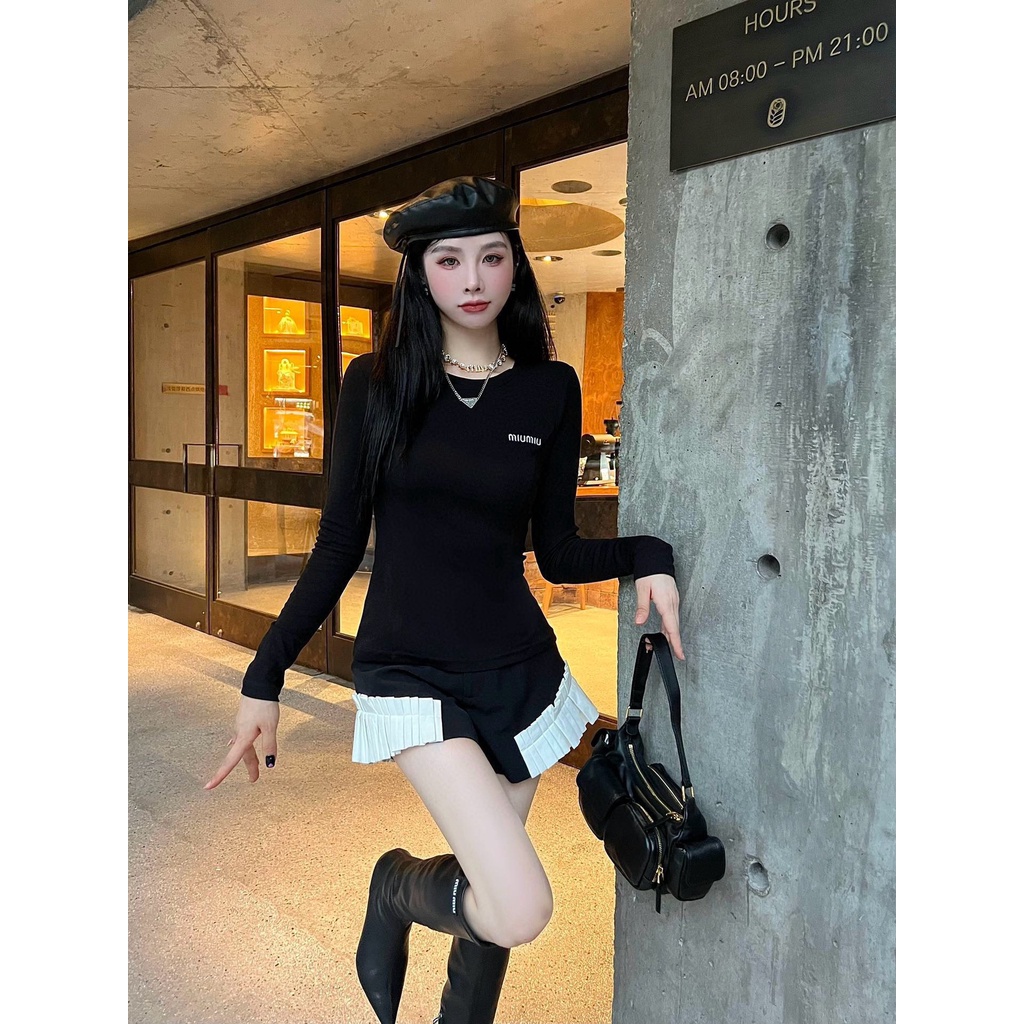 GRQF MIU MIU 23 autumn and winter New round neck embroidered letter bottoming shirt for women fashion all-match casual slim T-shirt for women