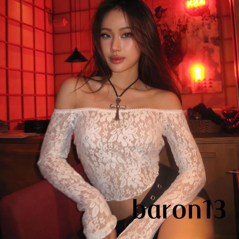 Xo8k-áo crop Top Tay Dài Hở Vai Phối Ren Cơ Bản Dành Cho Nữ Câu Lạc Bộ Đường Phố Câu Lạc Bộ