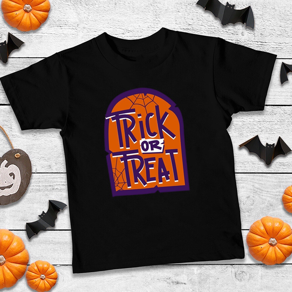 Halloween Trick or Treat Áo thun ngắn tay màu đen bé trai và bé gái Thời trang Halloween hàng đầu