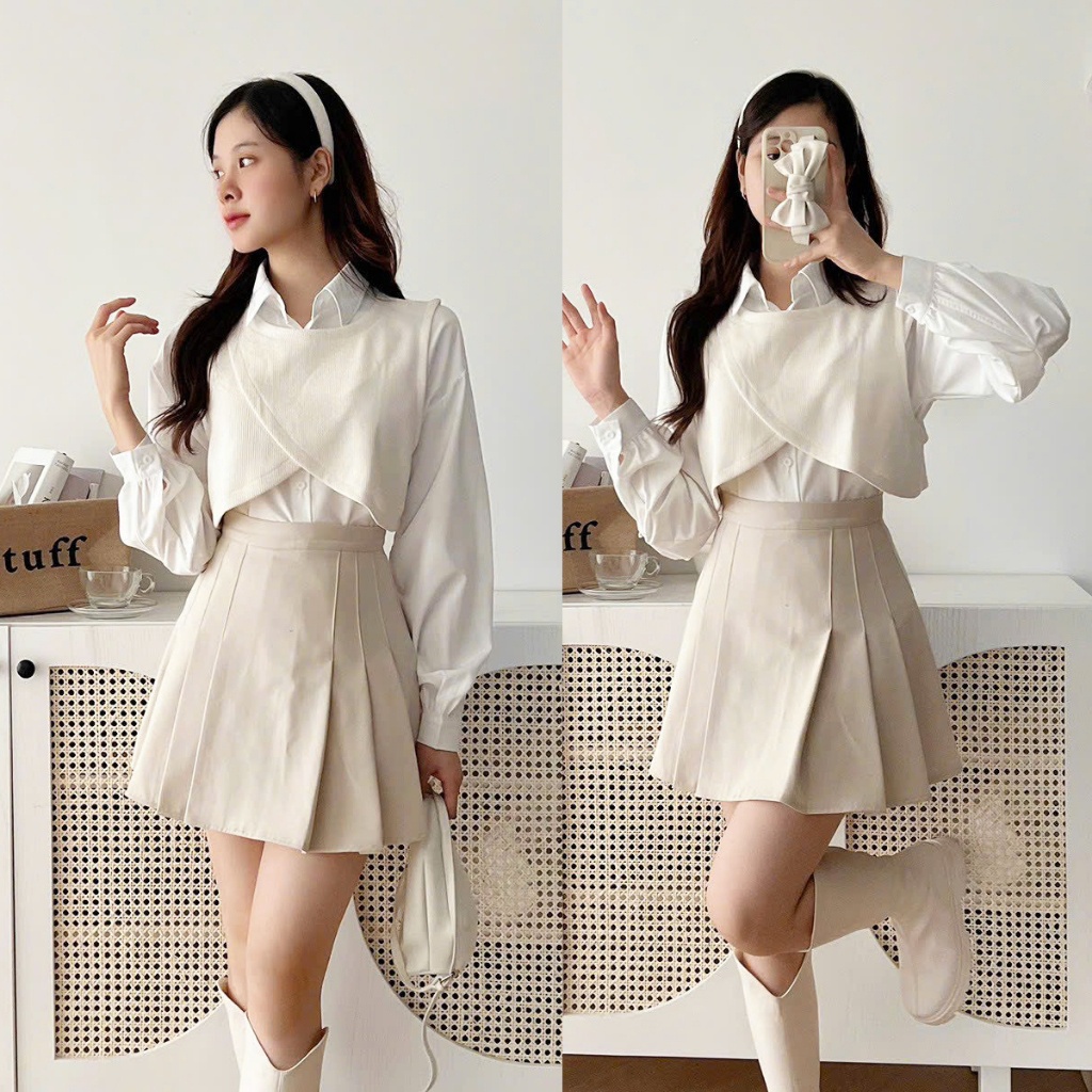 Set áo 2 chi tiết áo sơ mi dài tay phối gile nỉ tăm vạt chéo SVC0689