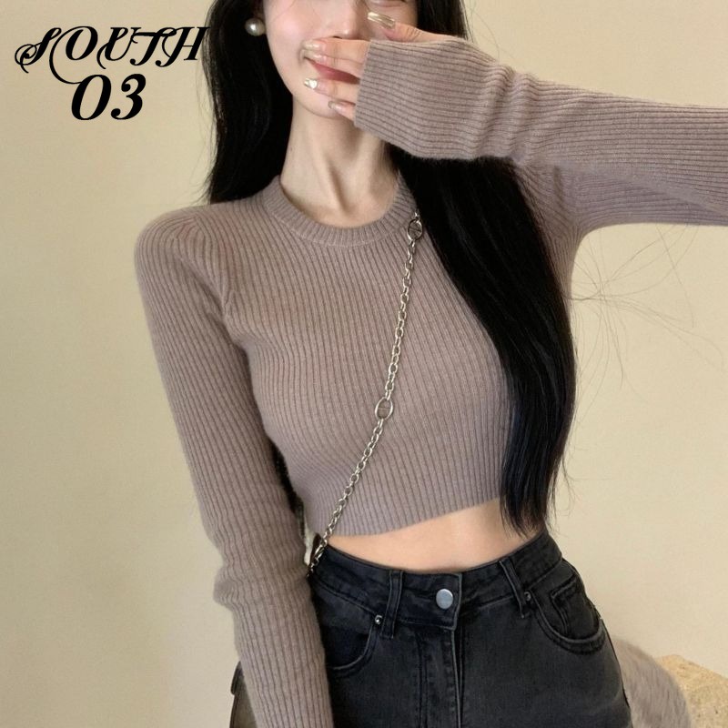 Áo sweater Cổ Tròn Màu Sắc Đơn Giản Cho Nữ Áo Croptop Áo Len