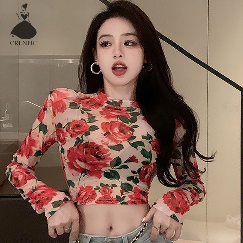 Áo Thun crop top Tay Dài Cổ Tròn In Hoa Thời Trang Mùa Thu Cho Nữ