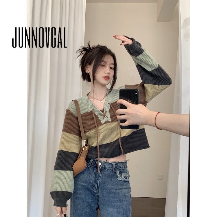 Junnovgal Áo Sweater Cổ Chữ v Tay Dài Dáng Ôm Phối Màu Tương Phản Thời Trang 2023