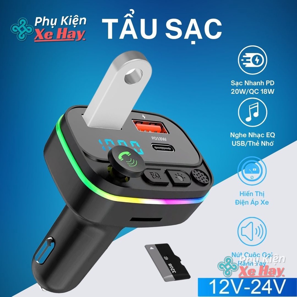 Tẩu Sạc Bluetooth Ô tô Sạc Nhanh PD 20W cắm thẻ nhớ USB MP3 nghe nhạc tẩu xạc 12V 24V cao cấp