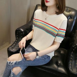 Áo Thun Dệt Kim Tay Ngắn Cổ Tròn Dáng Rộng Thời Trang Mùa Hè Xinh Xắn Cho Nữ