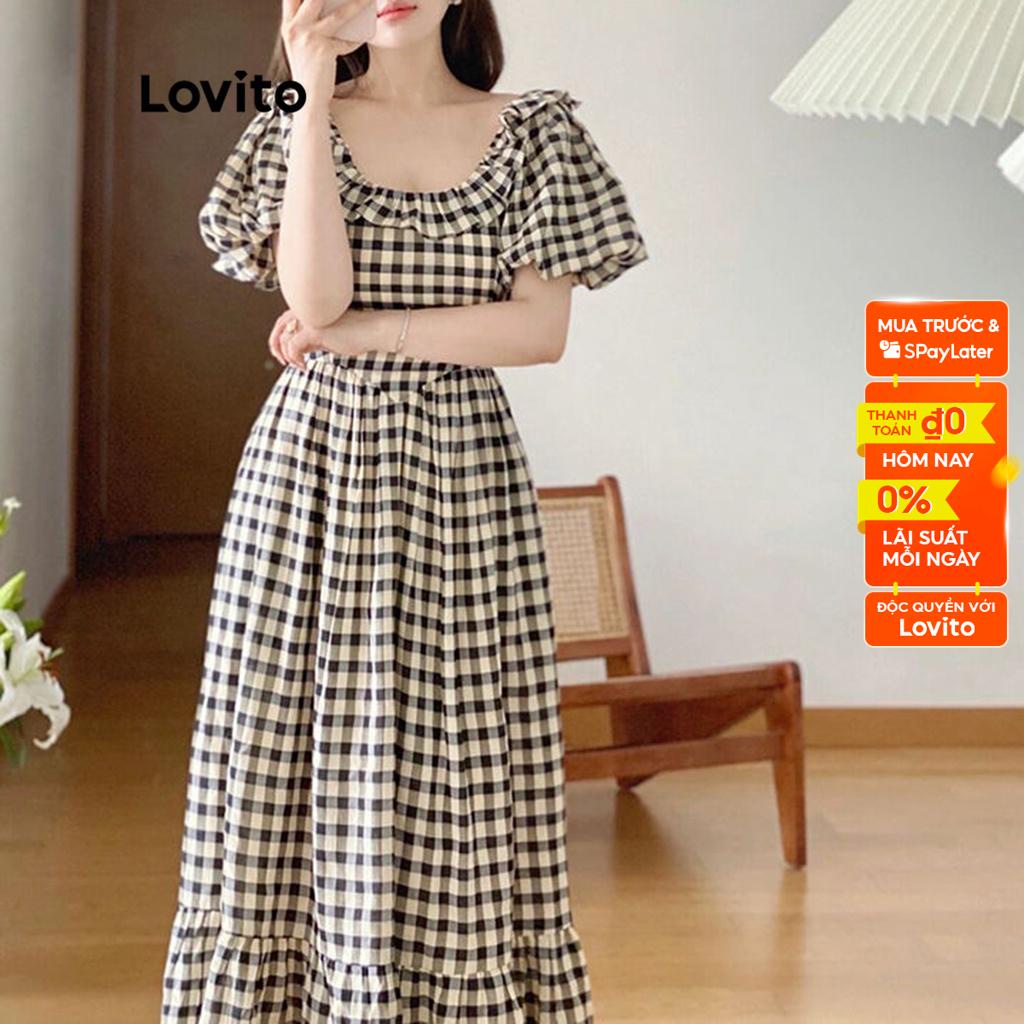 Đầm Lovito tay ngắn viền lai bèo xếp nếp kẻ sọc màu trơn thường ngày cho nữ LNA08090 (màu đen và trắng)