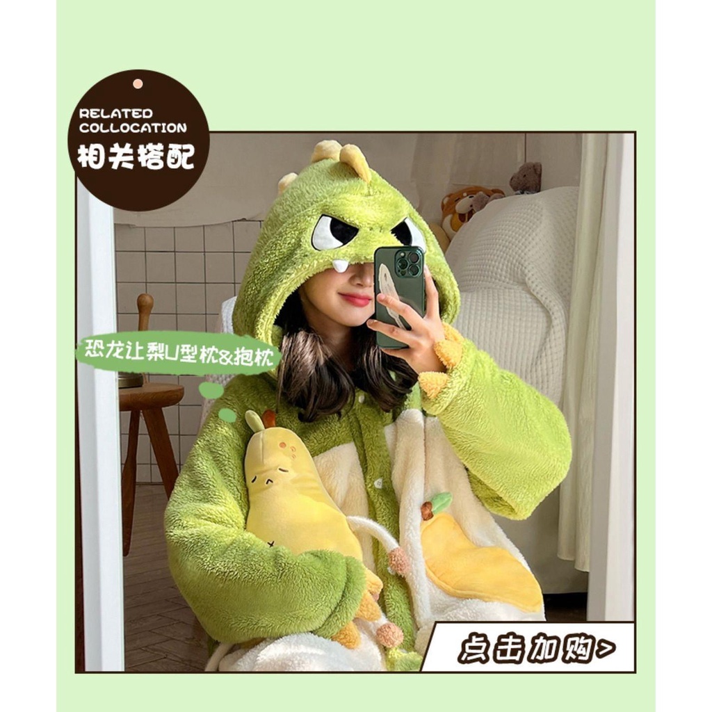 Bộ Đồ Ngủ Lông Cừu San Hô Dày Dặn Hình Cáo Nhỏ Khủng Long Mùa Thu Đông Cho Nữ