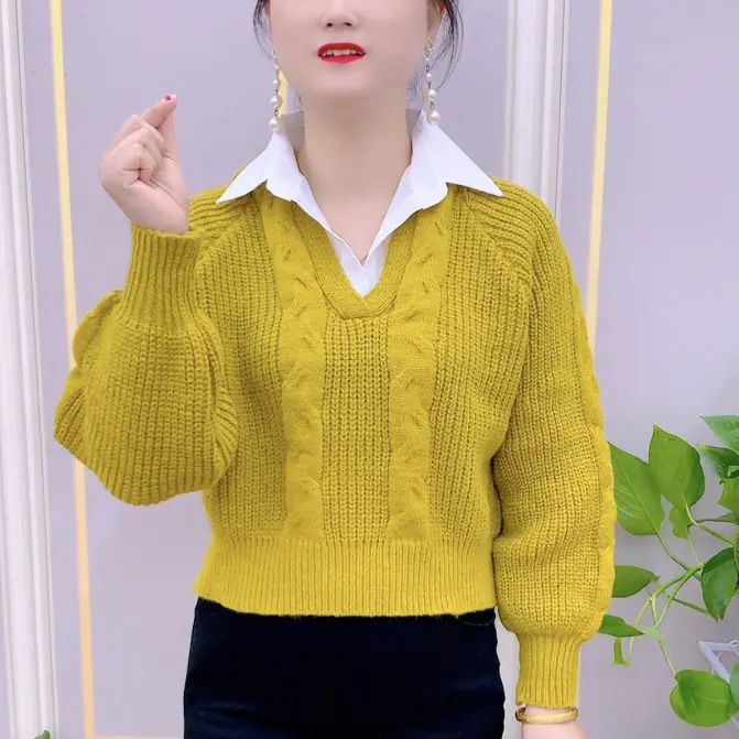 K Áo sweater Dệt Kim Giả Hai Lớp Cổ polo Mùa Thu Đông Bán Chạy Phong Cách Thời Trang Dành Cho Phụ Nữ Trung Niên