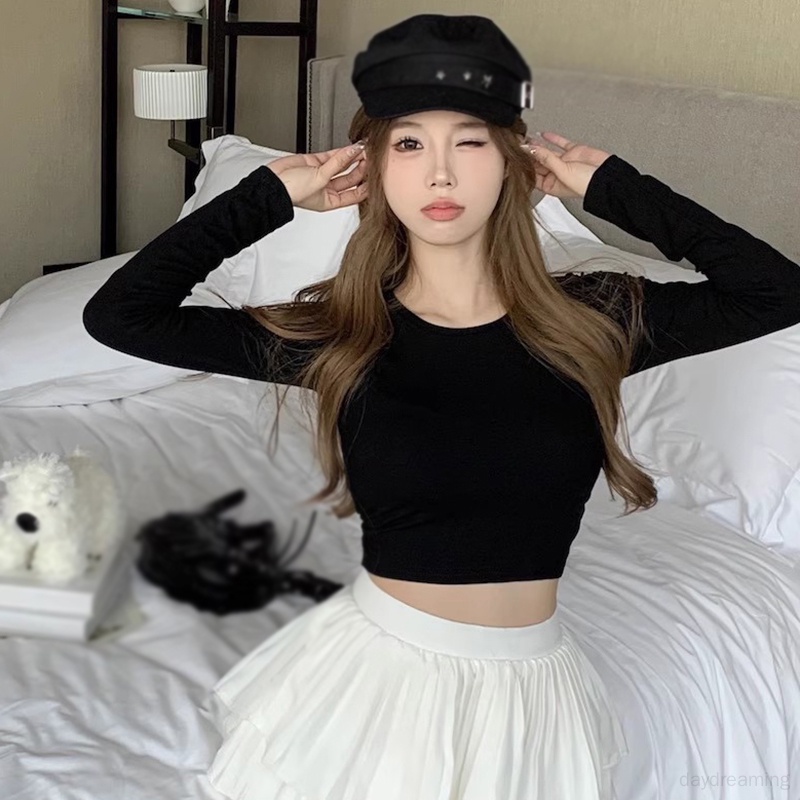 Áo Thun croptop Tay Dài Hở Lưng Màu Sắc Đơn Giản Phong Cách Hàn Quốc Quyến Rũ Cho Nữ