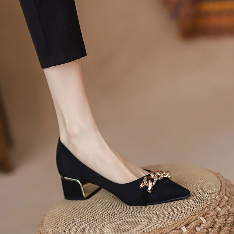 Giày Búp Bê Da Lộn Gót Dày Mũi Nhọn Màu Đen Thời Trang Công Sở 2022 Cho Bạn Gái