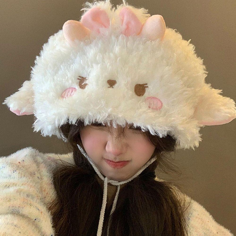 Mũ Trùm Đầu Giữ Ấm Mùa Đông Bằng Vải Bông Dày Màu Trắng Hình Cừu Dễ Thương