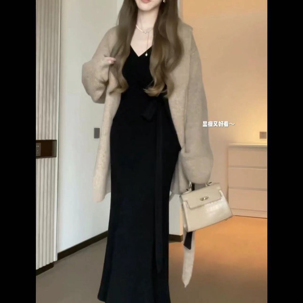 Đầm sweater Dài Tay Chiết Eo Phong Cách Pháp Thời Trang Thu Đông Kiểu Mới Cỡ Lớn Cho Nữ