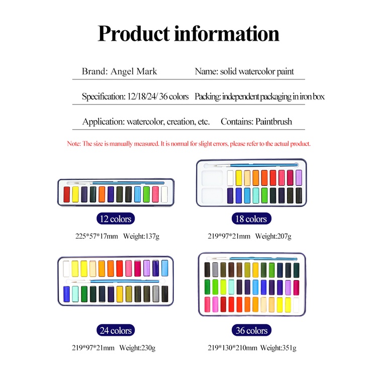 Angel mark Hộp Màu Nước 12 / 18 / 24 / 36 Màu Trơn Không Cọ Vẽ Tranh Kèm Hộp Kim Loại Nhỏ Gọn Chất Lượng Cao Dành Cho Họa Sĩ Giáo Viên