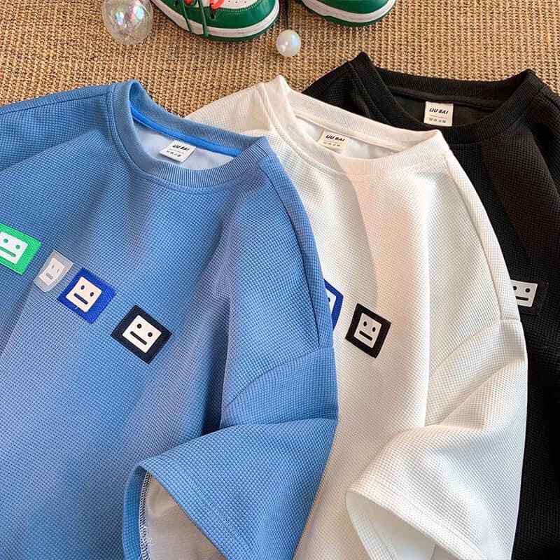 Áo phông logo  mặt cười ô vuông chất tổ ong thêu xịn sò