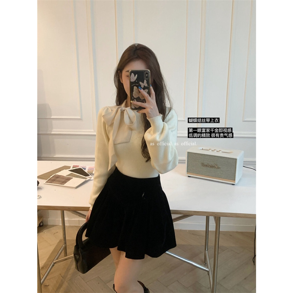 Áo Dệt Kim Tay Dài Dáng Ngắn Ôm Sát Thắt Nơ Kiểu retro Nhật Bản Thời Trang Mùa Thu 20