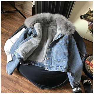 Áo Khoác denim Lót Lông Cừu Dày Dặn Phong Cách Hàn Quốc Thời Trang Thu Đông Hàng Mới 2023