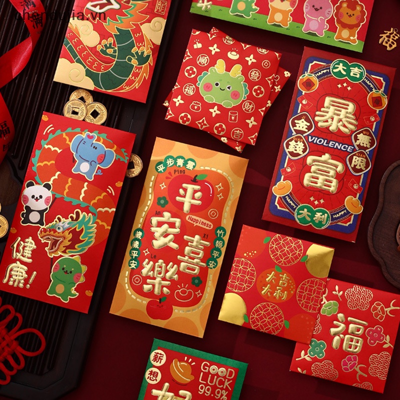 Bộ 6 Bao Lì Xì Năm Mới 2024 Họa Tiết Rồng Đỏ May Mắn diy