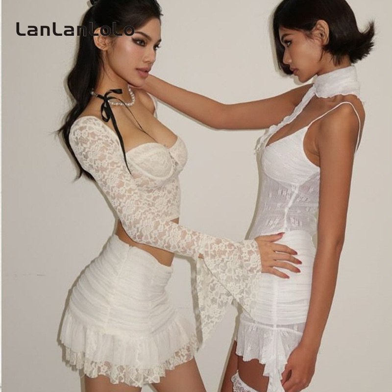 Lanlanlolo Bộ Áo Cổ Vuông Tay Chuông + Chân Váy Ngắn Màu Trơn Thời Trang 2023 Cho Nữ