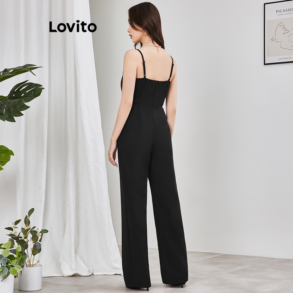 Jumpsuit Lovito cắt xẻ có túi màu trơn thanh lịch cho nữ L65ED192
