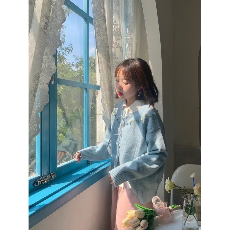 Áo Khoác cardigan Dệt Kim Tay Dài Cột Dây In Hoa Thời Trang Mùa Thu Thanh Lịch