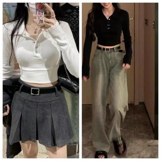 Áo Croptop Tay Dài Cổ Bẻ Cài Khuy Chất Liệu Co Giãn 2 Màu Lựa Chọn