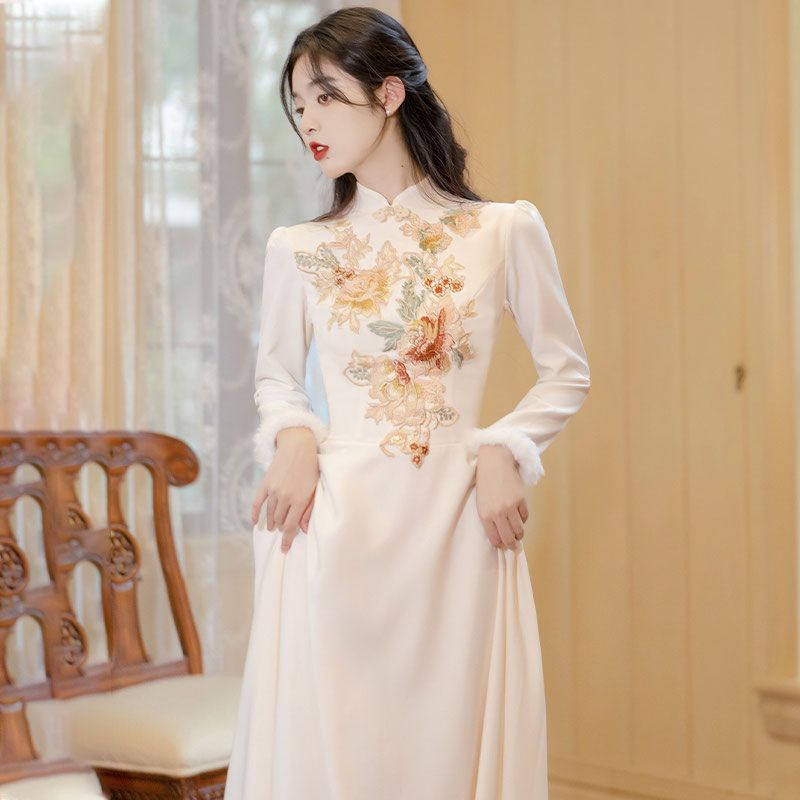 Đầm Sườn Xám Trung Hoa Mỏng Kiểu Mới Mùa Đông Cho Nữ