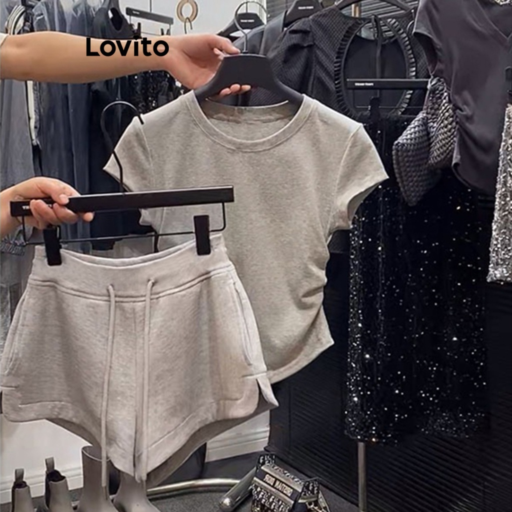 Lovito Bộ quần short cơ bản trơn đơn giản dành cho nữ LNA24180 (Xám)