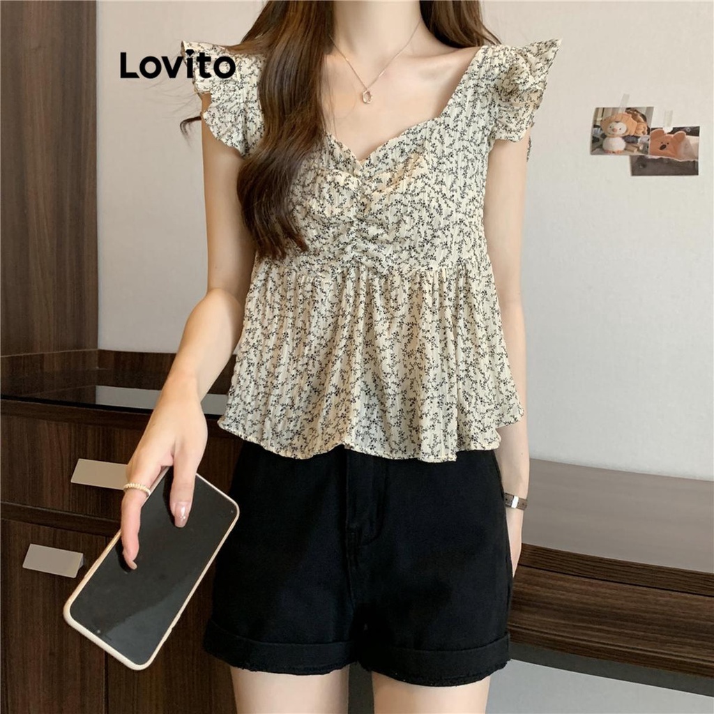 Lovito Áo xếp nếp trơn dễ thương cho nữ LNE38098