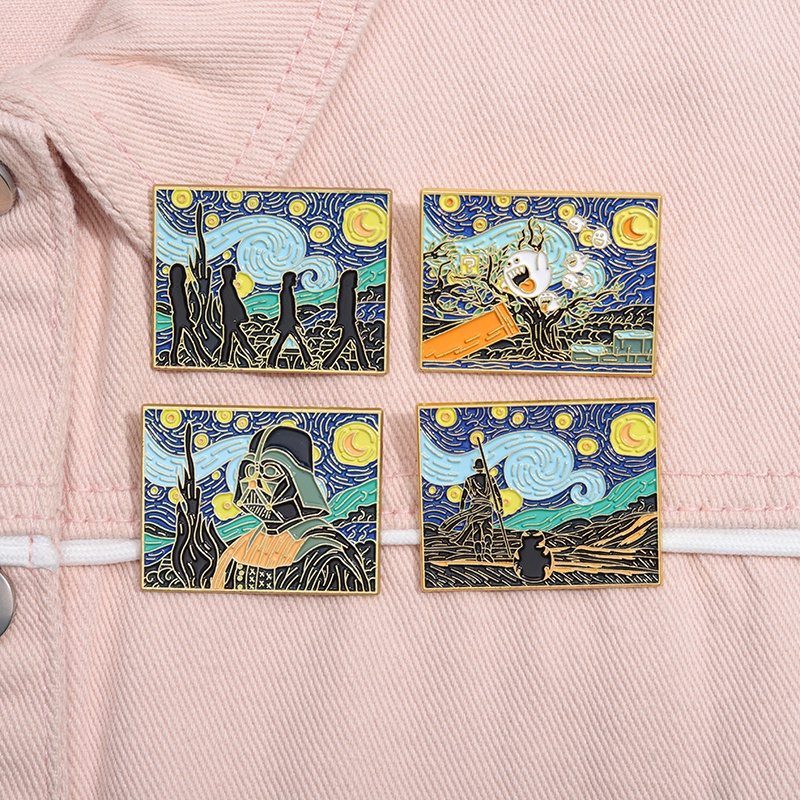 Huy Hiệu Cài Áo Hình Tranh Sơn Dầu van gogh Bầu Trời Đầy Sao Không Mặt Vui Nhộn Làm Quà Tặng Bạn Bè