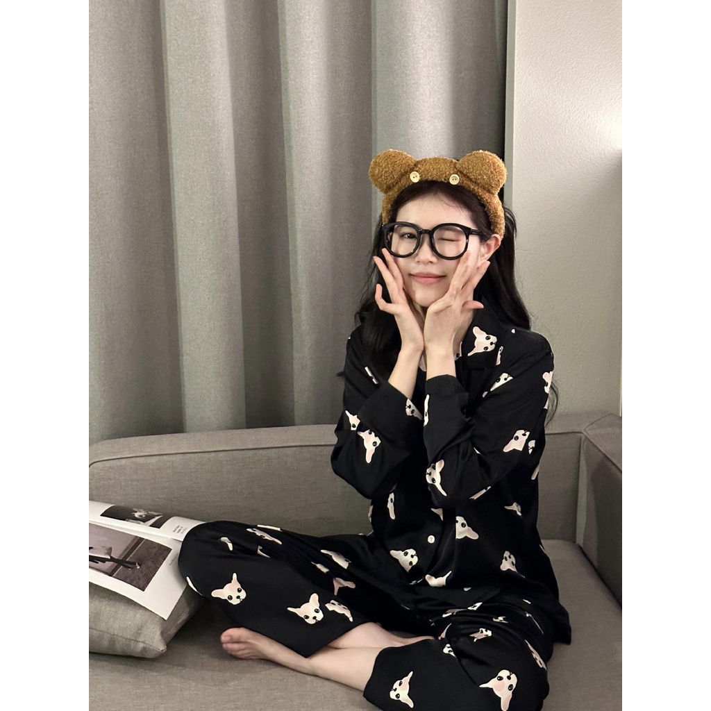 M25 pijama gấu đen dài tay- Bộ ngủ mặc nhà dành cho nữ hoa tiết gấu đen hàng quảng châu cao cấp