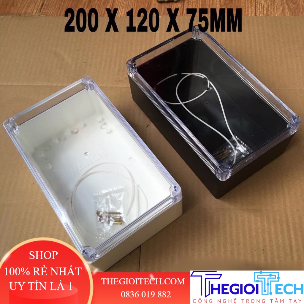 Hộp nấp trong 200x120x75mm kèm ốc vít và ron cao su chống nước- Hộp nhựa đựng mạch điện tử - Đen nấp đục