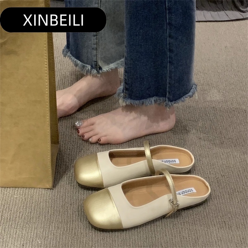 XINBEILI Dép sục nữ 090101 mũi vuông đế bệt có quai phong cách Mary Jane thoải mái xinh xắn