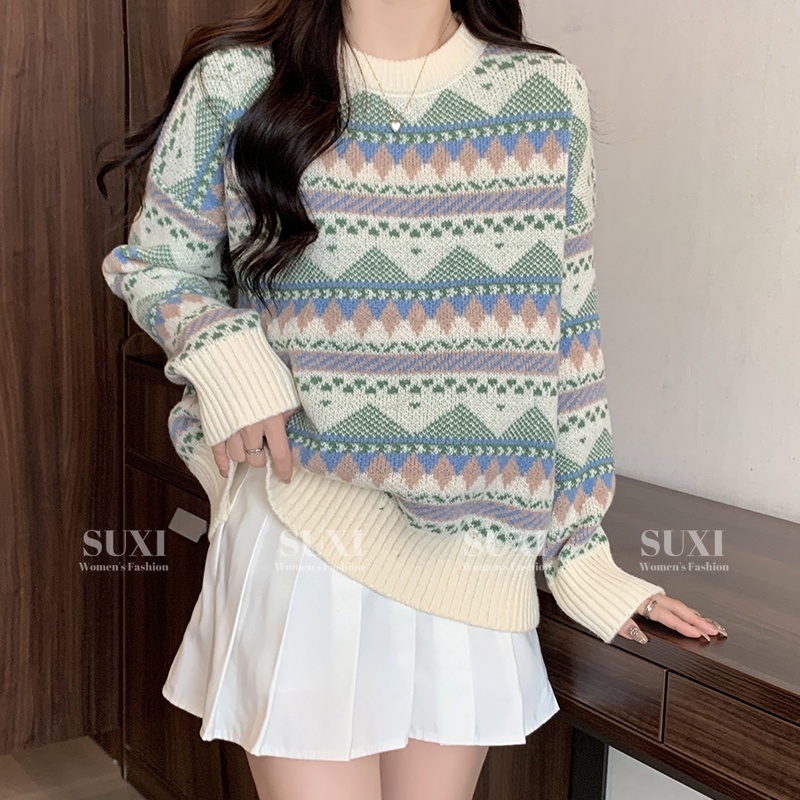 SUXI Áo sweater Dệt Kim Tay Dài Dáng Rộng Vải Mềm Kiểu vintage Thời Trang Thu Đông Cho Nữ