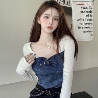 Áo thun denim dài tay thiết kế độc đáo hottie