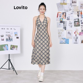 Đầm hai dây Lovito hở lưng họa tiết kẻ sọc caro thời trang thường ngày cho nữ L59ED151 (Nhiều màu)
