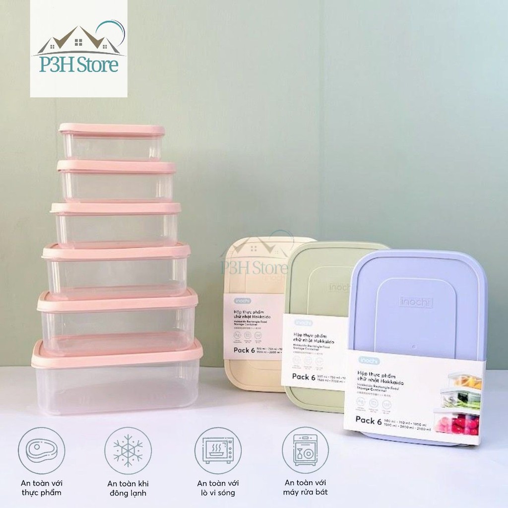 Bộ 6 hộp thực phẩm chữ nhật Inochi Hokkaido nhựa PP, kháng khuẩn, không chứa BPA, không mùi an toàn 