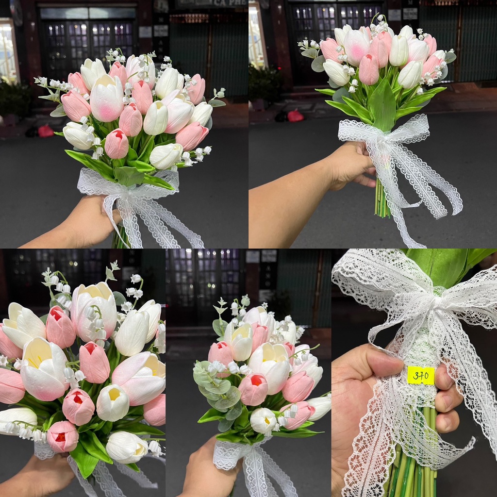 Hoa Cưới Cầm Tay Tulip Trắng và Hồng - Sự Tinh Tế và Tươi Mát Cho Cô Dâu Phụ kiện cưới Giang
