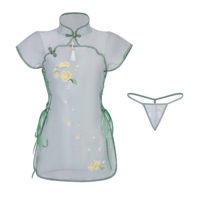 Preppy Đầm Ngủ Sườn Xám Lụa Đen Xuyên Thấu Thêu Ren Gợi Cảm Phong Cách Trung Hoa