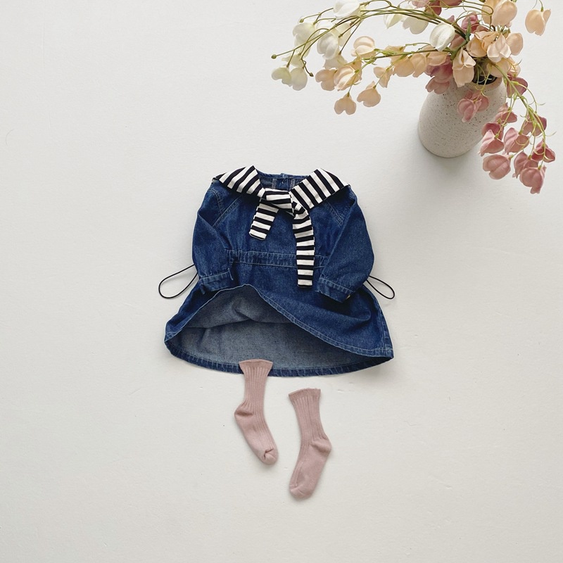 Đầm denim Tay Dài Buộc Dây Eo Phong Cách Hàn Quốc Thời Trang Mùa Thu Cho Bé Gái hy0c