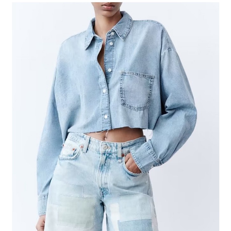 Zara Áo Sơ Mi denim Dáng Ngắn Thời Trang Mùa Thu Dành Cho Nữ8197470
