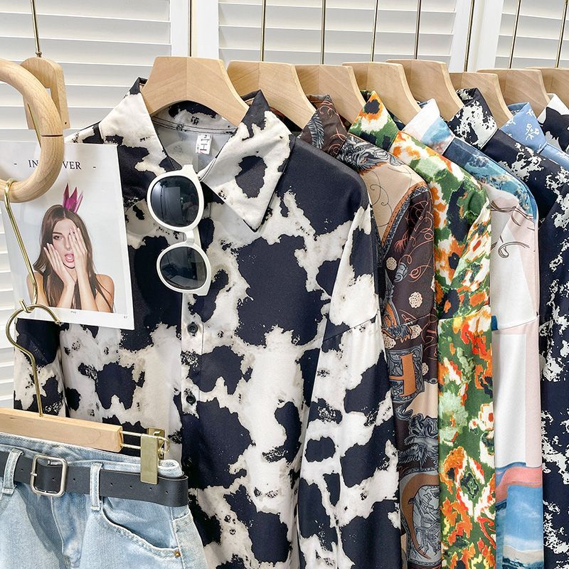 Áo Sơ Mi Tay Dài Dáng Rộng In Họa Tiết Phong Cách Hồng Kông Cổ Điển Thời Trang Mùa Thu Cho Nữ