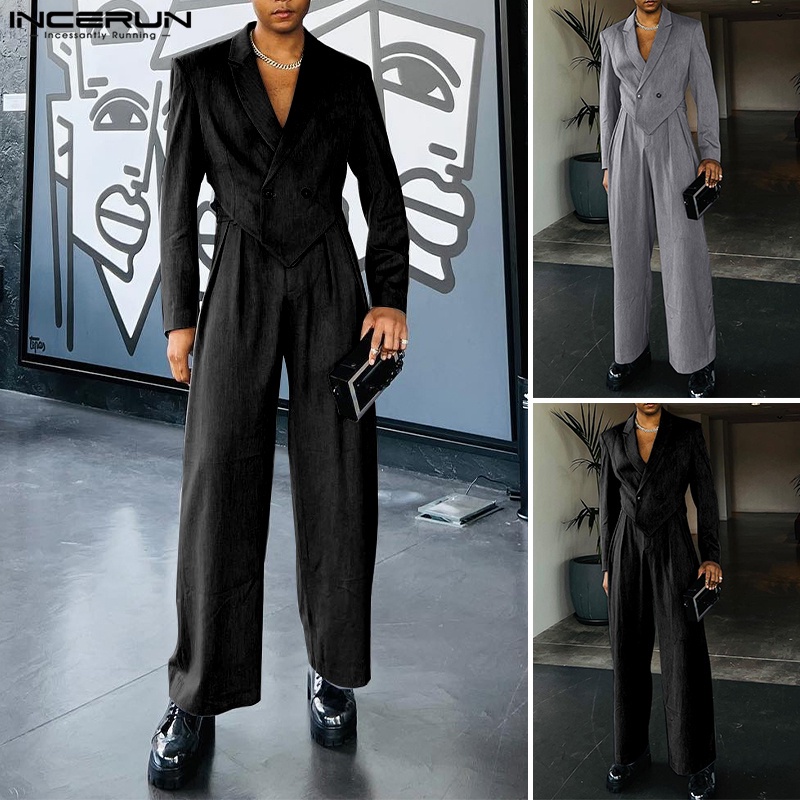 INCERUN Bộ Áo Khoác blazer Dài Tay + Quần Lưng Cao Thời Trang vintage Dành Cho Nam