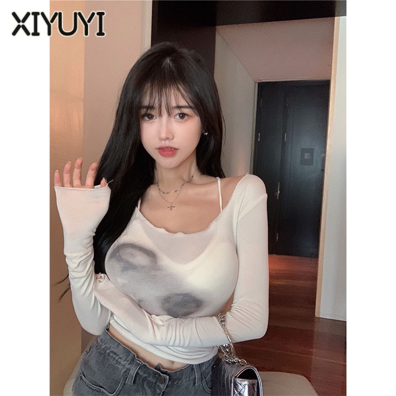 XIYUYI Áo Thun Dài Tay Ôm Dáng Họa Tiết Màu Nhuộm Phong Cách retro Thời Trang Cho Nữ