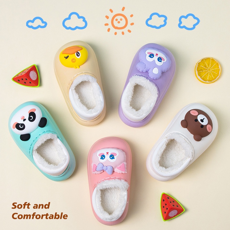 Dép bông trẻ em mùa thu và mùa đông phim hoạt hình không thấm nước nhà Dép trẻ em dễ thương đi ra ngoài túi giữ nhiệt với bạn học nam nữ