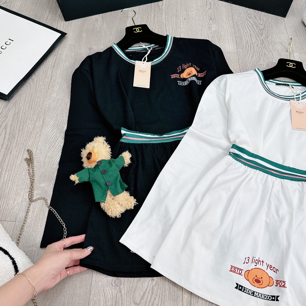 Set áo dài tay mix chân váy phối kẻ kèm gấu siêu hot BN572CCC