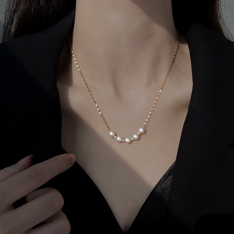 Ht Dây Chuyền Bằng Thép Titan Đính Ngọc Trai Tự Nhiên Không Phai Màu Thời Trang Dễ Phối Đồ