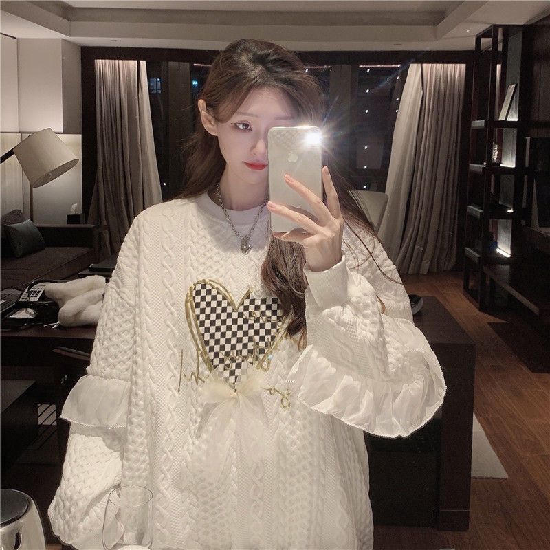 Uiowoo Áo Khoác sweater Tay Dài Dáng Rộng In Hình Trái Tim Phong Cách retro Thu Đông 2021 Cho Nữ